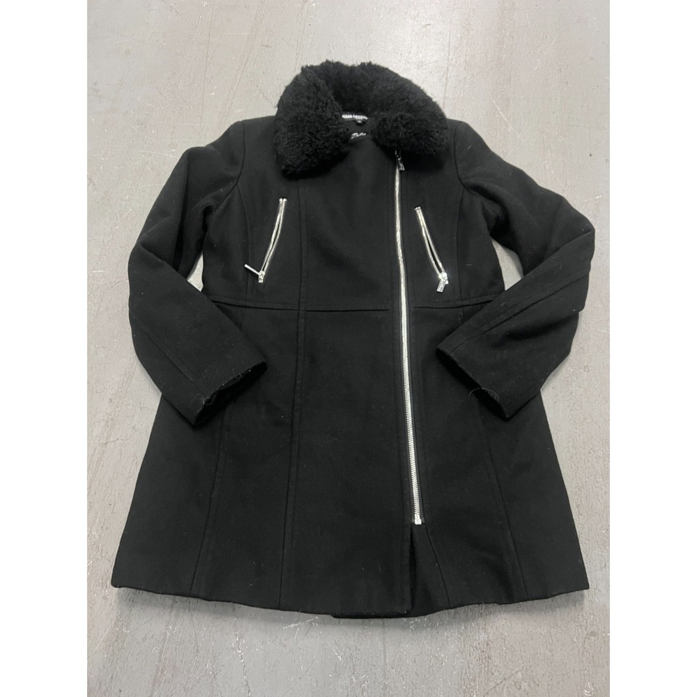 Karl Lagerfeld Paris Midi Coat Womens M Black Wool Faux Fur Full-Zip‎ Collared